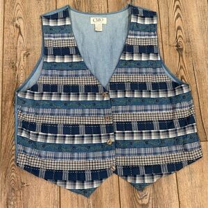Vintage Cleo Women's Blue Patchwork Denim Vest with Decorative Buttons XL